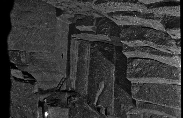 Mała postać z zapalona lampą na tle ogromnych solnych ścian w kopalni.
