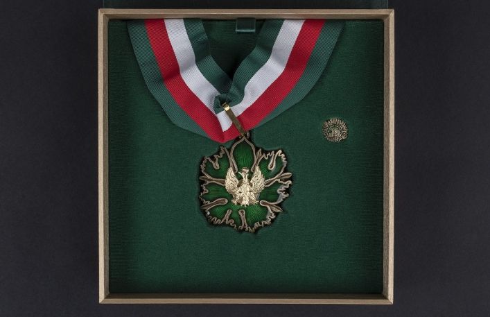 Złoty medal Zasłużony w Kulturze Gloria Artis w ozdobnym pudełku. Na zielonym tle leży medal w kształcie orła zaczepiony na tasiemce biało-czerwono-zielonej