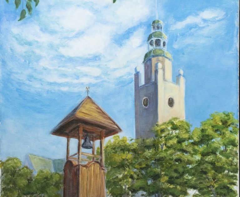 obraz, pastela, widok wieży kościoła, błękitne czyste niebo