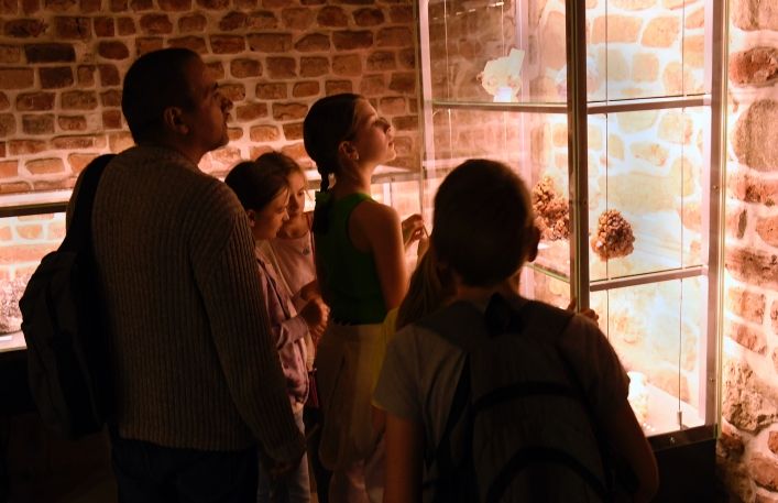 Grupa turystów ogląda podświetlaną gablotę z solami