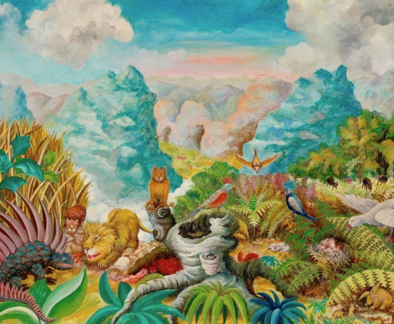 kolorowy obraz dżungli z potworami i lwami