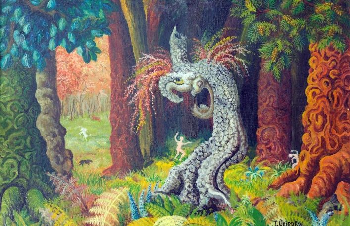 Obraz - Duży biały potwór przypominający drzewo stoi w dżungli.