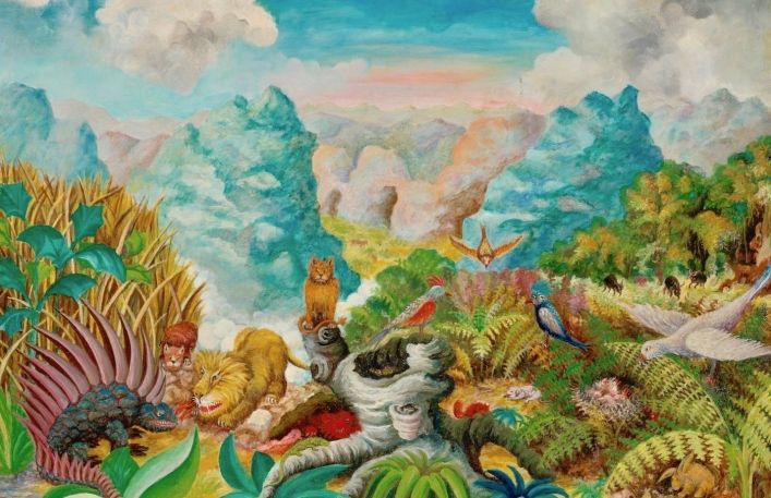 Kolorowy obraz przedstawiający dżunglę i zwierzęta
