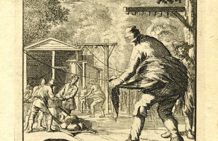 Czarno-biała strona z książki. Tekst w języku niemieckim. Na środku grafika przedstawiająca mężczyznę owiniętego liną w pasie i trzymającego liny w rekach. W tle inni pracujący.