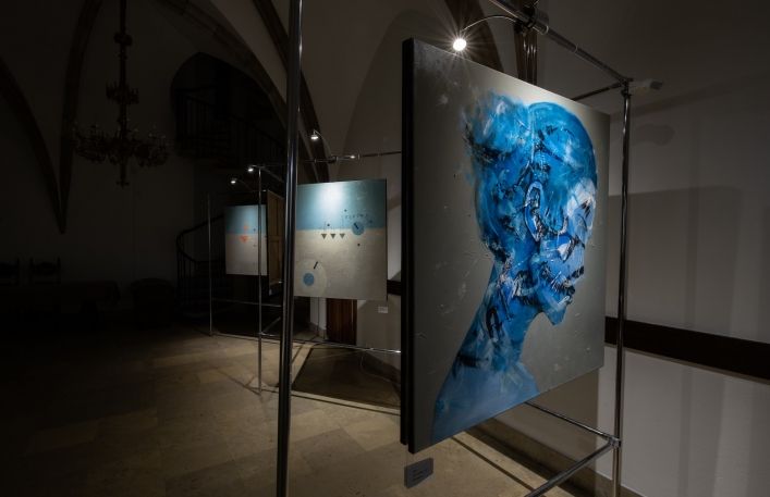 Cykl fotografii obrazów w Sali Gotyckiej w Zamku Żupnym. Na większości prac przedstawiona jest sylwetka kobiety w kolorach niebieskim i beżowym. Dwie fotografie pokazują przyciemnioną salę wystawową